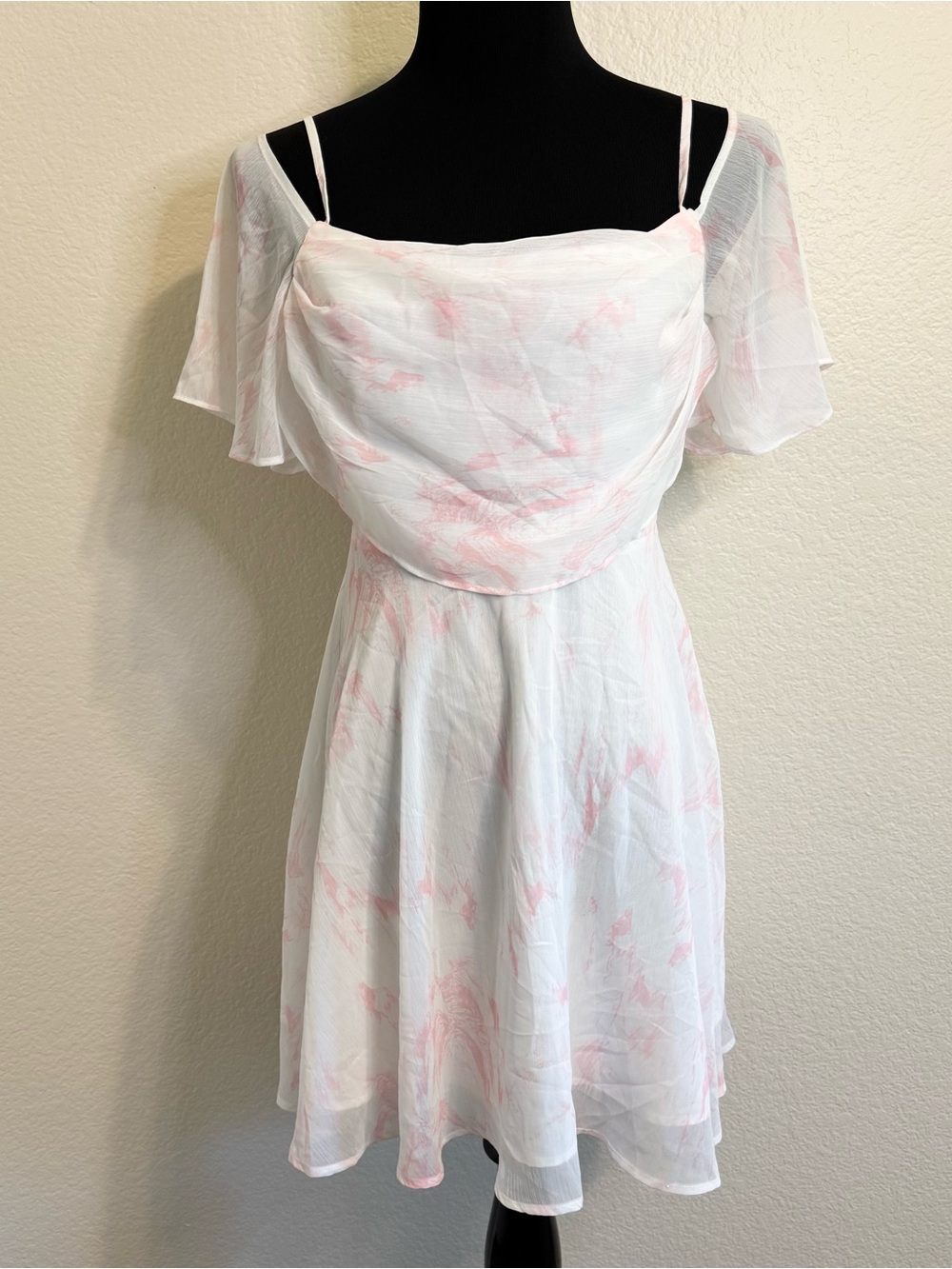 NWT White Pink Flowy Cold Shoulder Dress - M